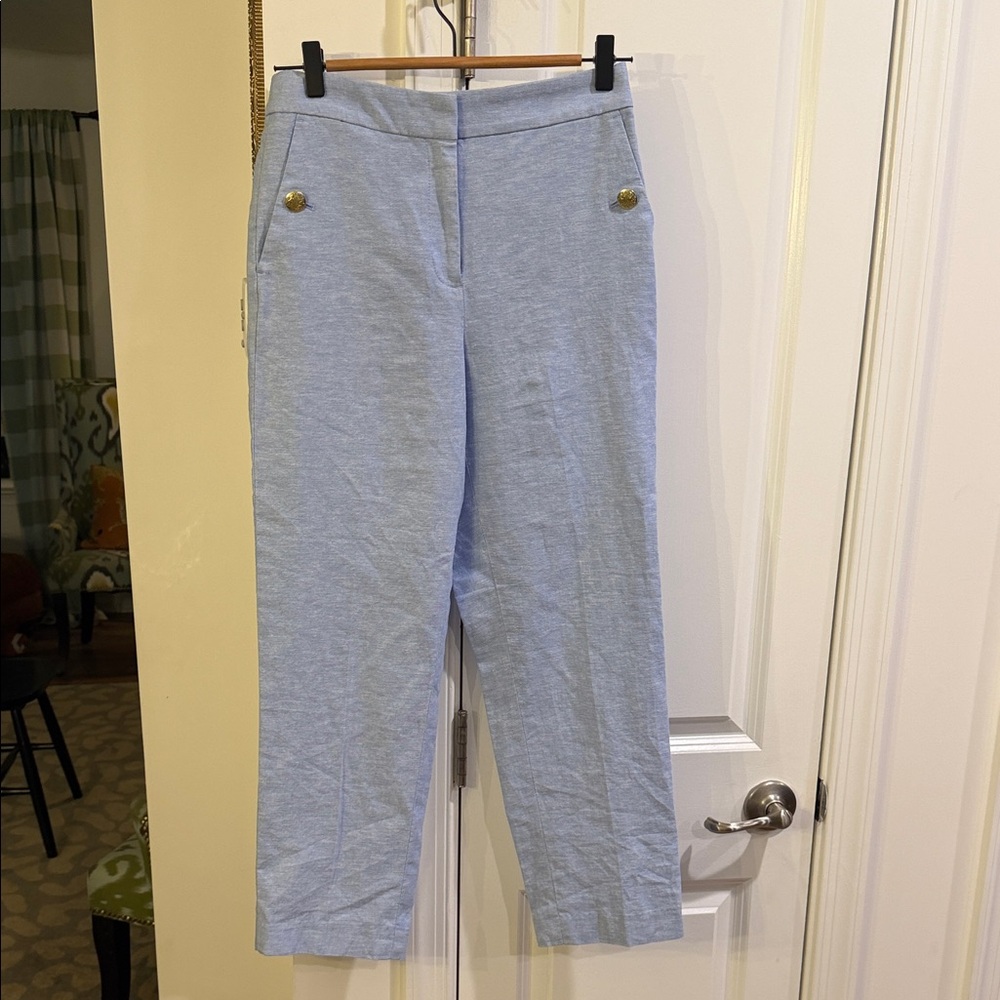 J. Crew Factory Linen Blend Blue Cropped Pants with Gold Buttons NWT